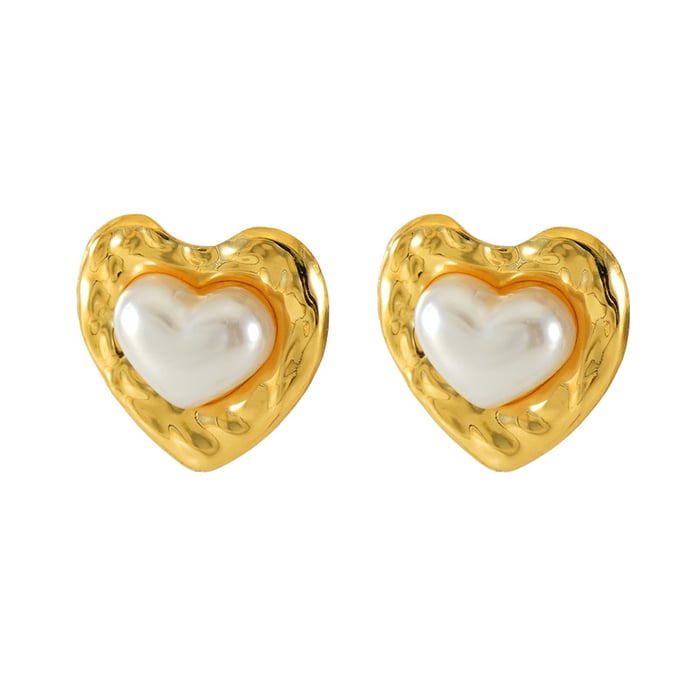 1 Pair Simple Series Casual Heart Stainless Steel  Gold Color Imitation Pearl Women's Stud Earrings 